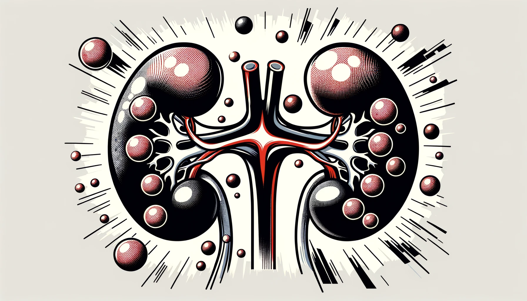 Simple illustration of a pair of human kidneys producing androgen hormones, hormones are visualized as dynamic, round shapes flying away.